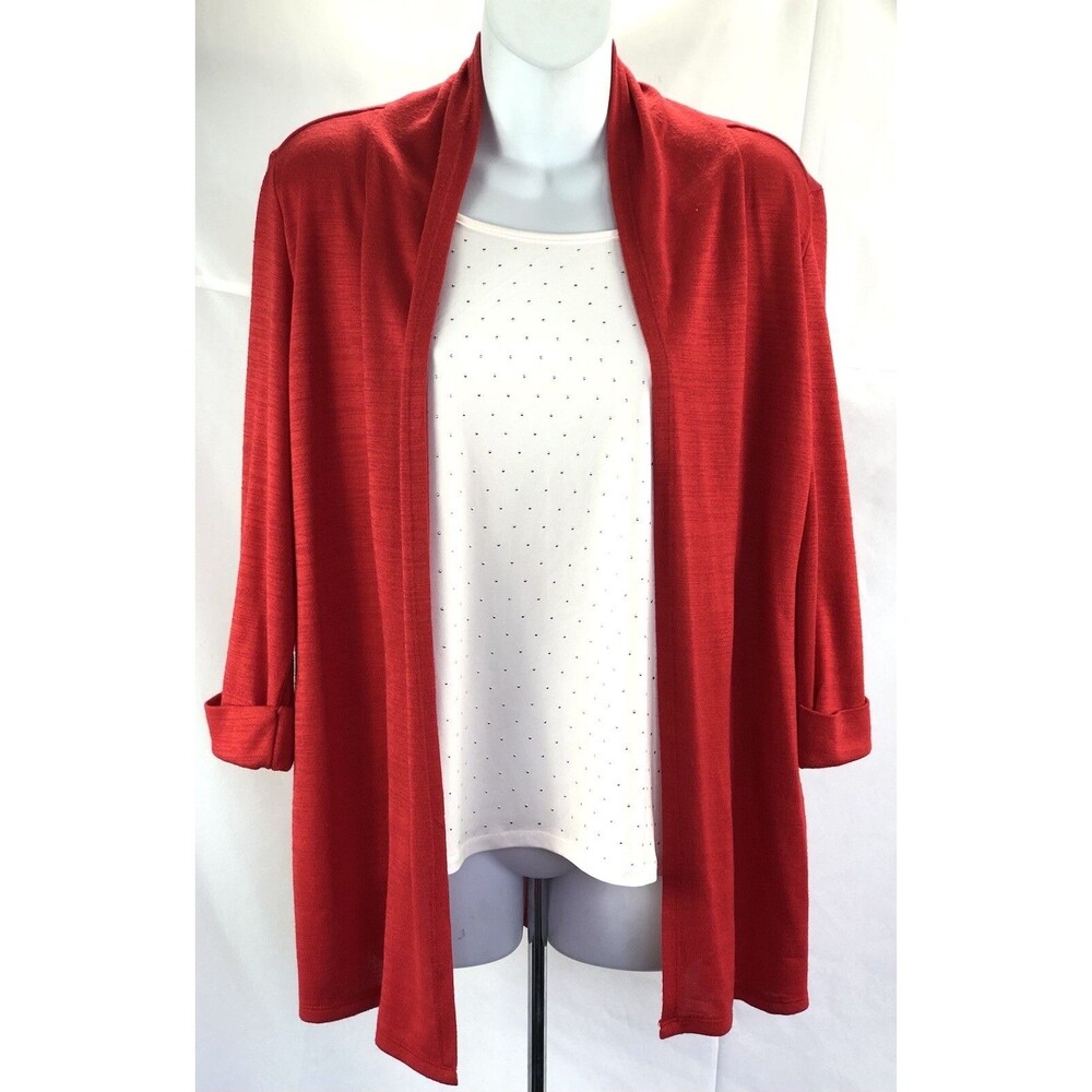 Cathy Daniels combo top & cardigan Sweater M Red/Wht 3/4 roll tab embellished